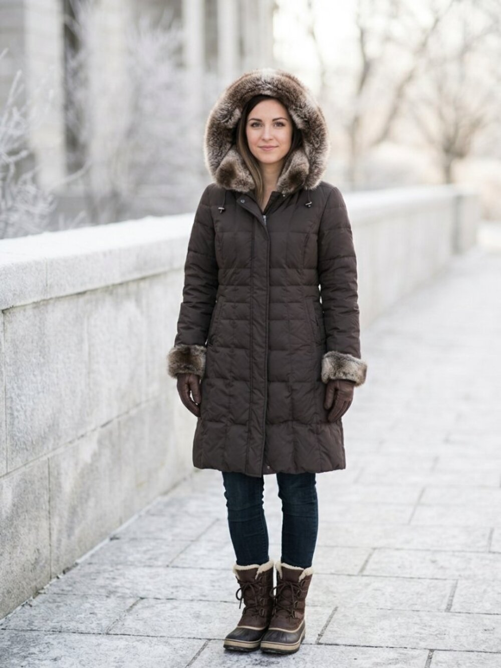 Gallery Brown Hooded Winter Puffer Coat Faux Fur Trim Petite 2P
